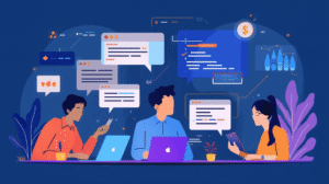 Diverse community collaborating with chat bubbles and code snippets on forum getassist.
