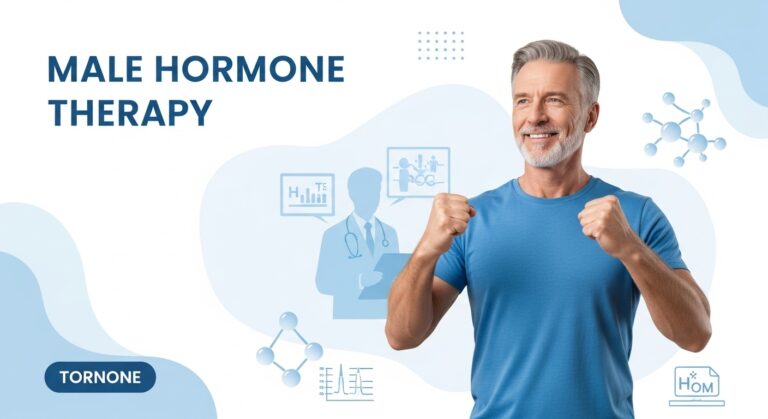 Smiling mature man promoting male hormone therapy for low testosterone