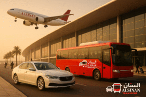 A red Alsinan Transport bus and a white sedan parked outside Dubai Airport with an Alsinan-branded airplane flying overhead.