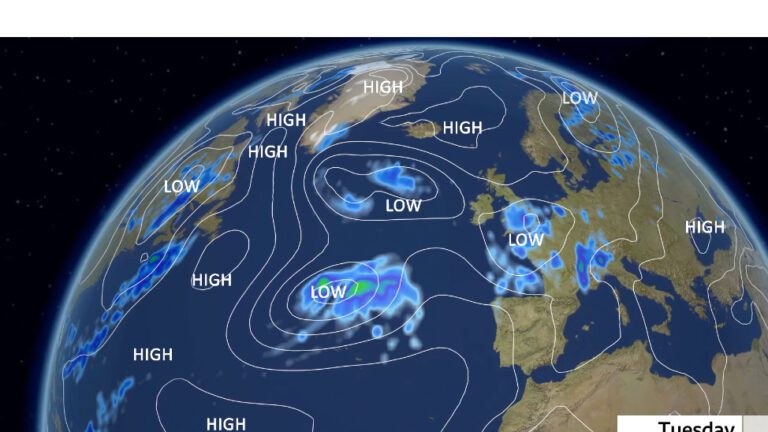Global weather map showing pressure systems and rainfall patterns linked to hurricane erin uk weather affecting the UK and Atlantic region.