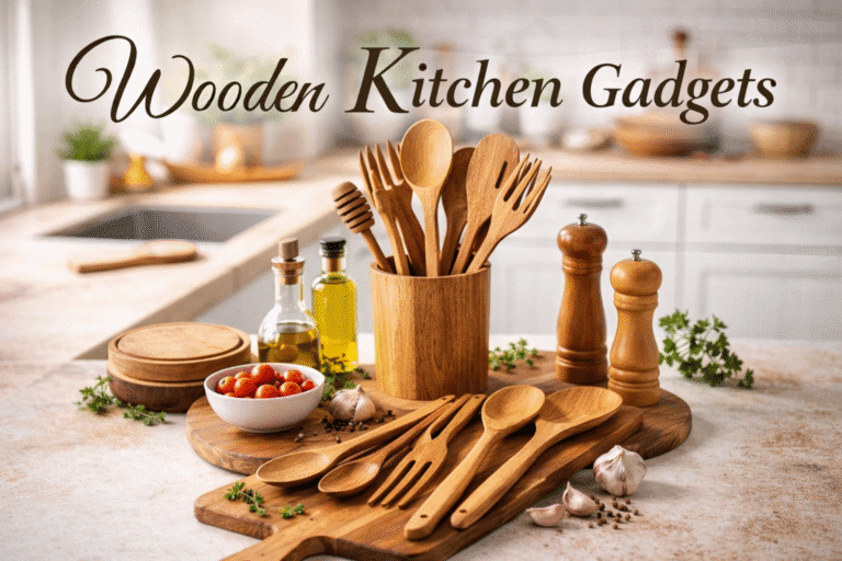 Wooden kitchen essentials and ingredients