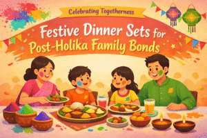 Indian family celebrating post-Holi dinner together with festive food, diyas, and colourful gulal bowls on the table