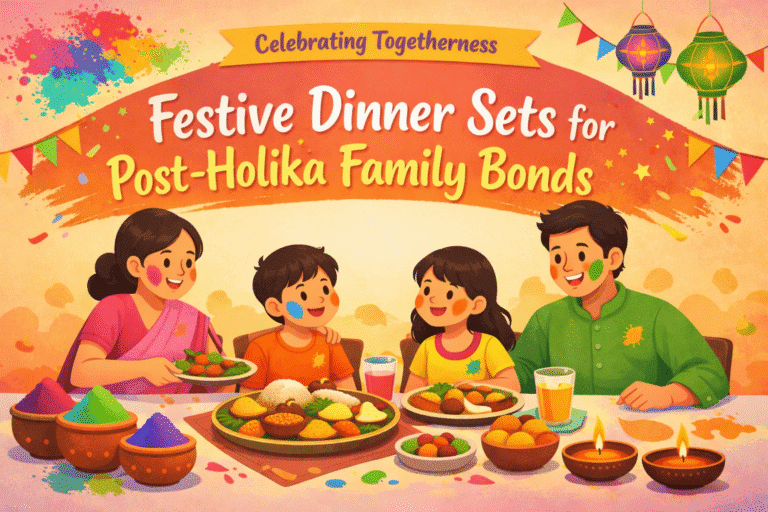 Indian family celebrating post-Holi dinner together with festive food, diyas, and colourful gulal bowls on the table