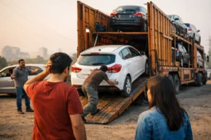 Workers load a white car onto a wooden car carrier truck surrounded by other vehicles, while two men in casual clothes observe the process at an urban roadside.