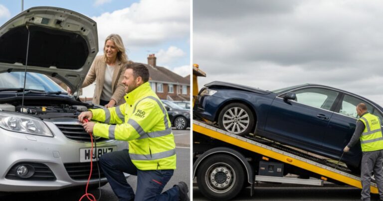 Side by side comparison showing roadside assistance mechanic fixing a car and a recovery truck towing a vehicle, illustrating car recovery vs roadside assistance in 2026.