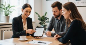 Local real estate agents advising landlords on building insurance options in a UK office in 2026, helping them choose the right coverage