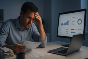 Small business owner reviewing financial documents with messy receipts on desk, representing DIY bookkeeping challenges.